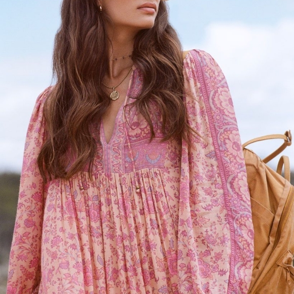 SPELL Folk Song Boho Dress in Blossom Medium BNWT FSOT Pink Peachy Floral Midi - Picture 11 of 14